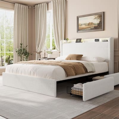 FullQueen Boucle Bed Frame with Storage Headboard, Upholstered Bed Frame with Charging Station, LED Lights, 4 Drawers