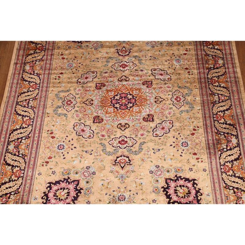 Handmade 100% Silk Geometric Qum Persian Rug Traditional Floral Carpet - 4'7"x 6'8"