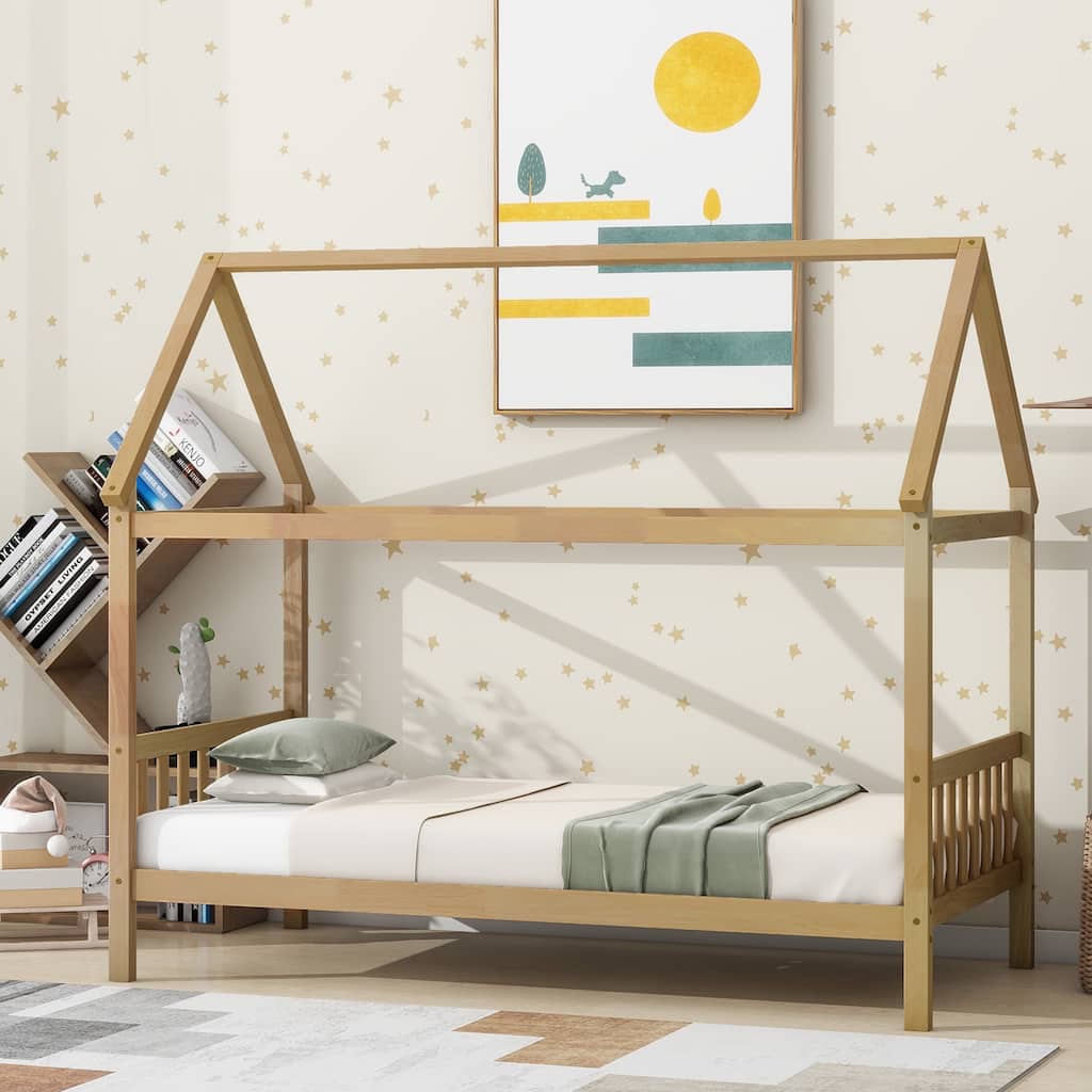 Twin House Bed with Headboard and Footboard, Twin Rubber Wood Bed with House Frame