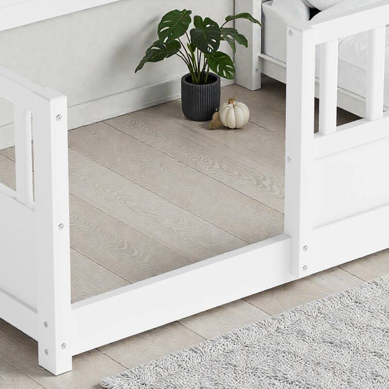 Wooden Floor Bed with Fence Guardrails, Montessori Style Kids Bed Frame with Side Storage Design