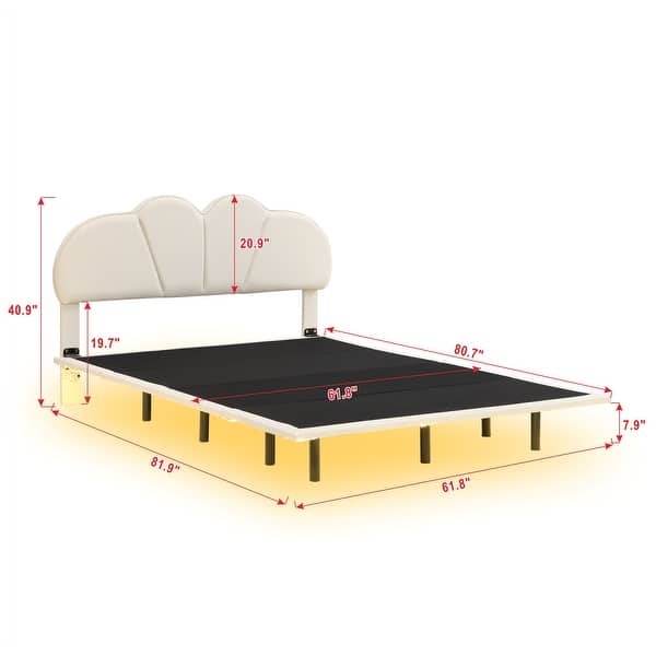 dimension image slide 2 of 4, LED Low Profile Bed Platform Bed Frame with Cloud-Shaped Headboard