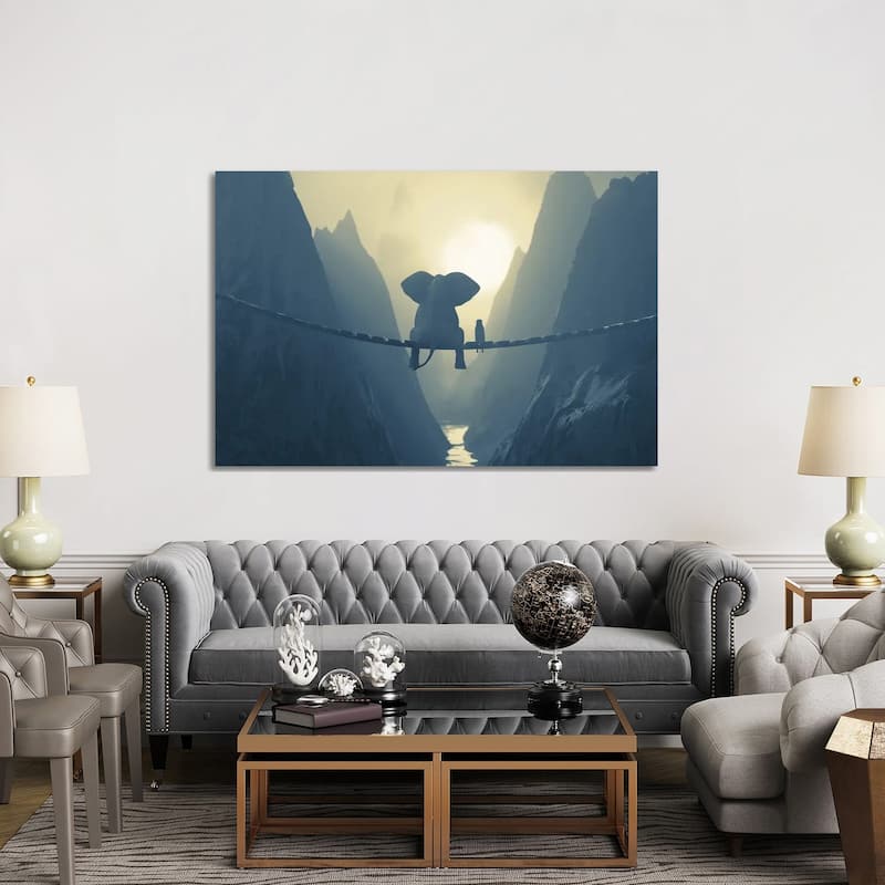 iCanvas "Elephant And Dog Sit On A Bridge Over A Precipice (Dualtone)" by Mike Kiev Canvas Print