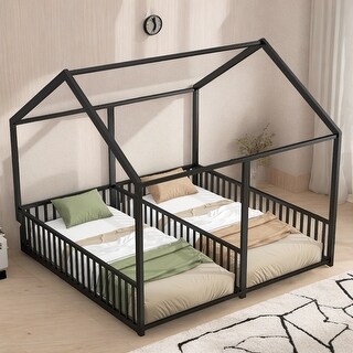 Metal Twin Size House Platform Kids Beds Frame, 2-in-1 Design with Guardrails, Black