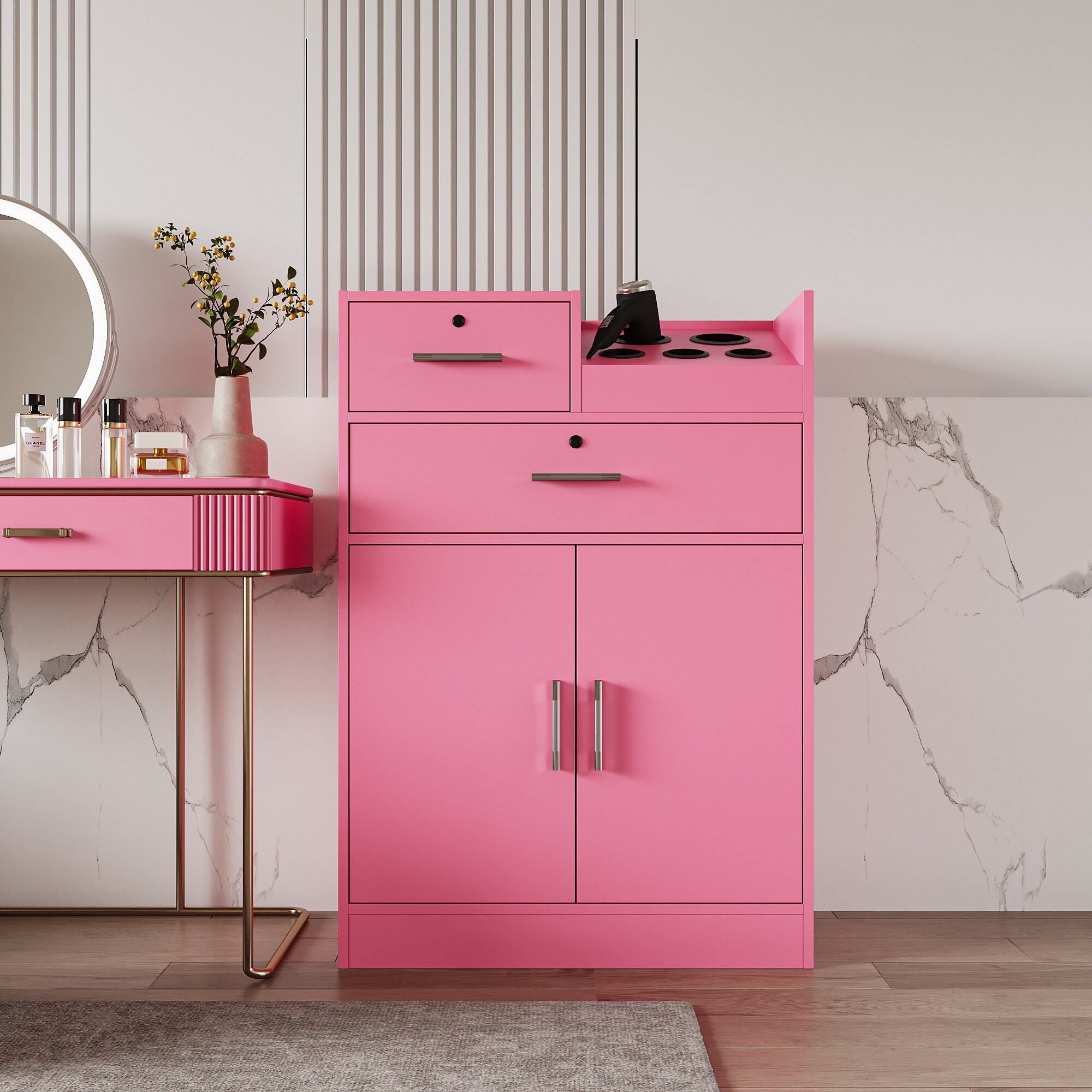 Locking Beauty Salon Storage Cabinet Hair Dryer Holder Stylist Equipment Drawer Pink