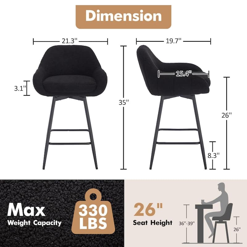 26" Counter Height Bar Stools Set of 2, 360° Swivel Upholstered Barstools for Kitchen Island