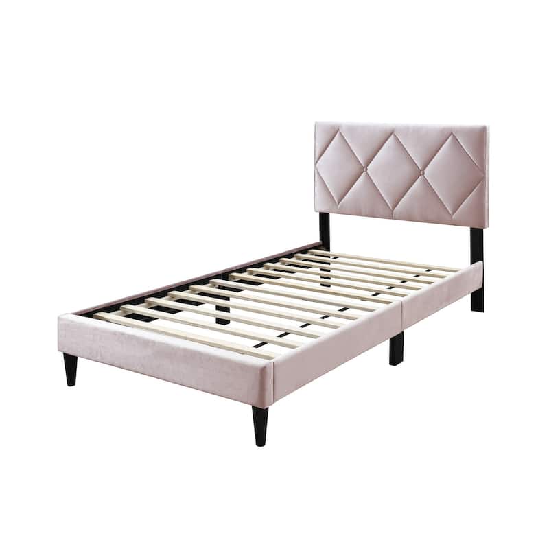 Adjustable Velvet Upholstered Twin Bed with Tufted Headboard, Light Pink Youth Bedroom Furniture