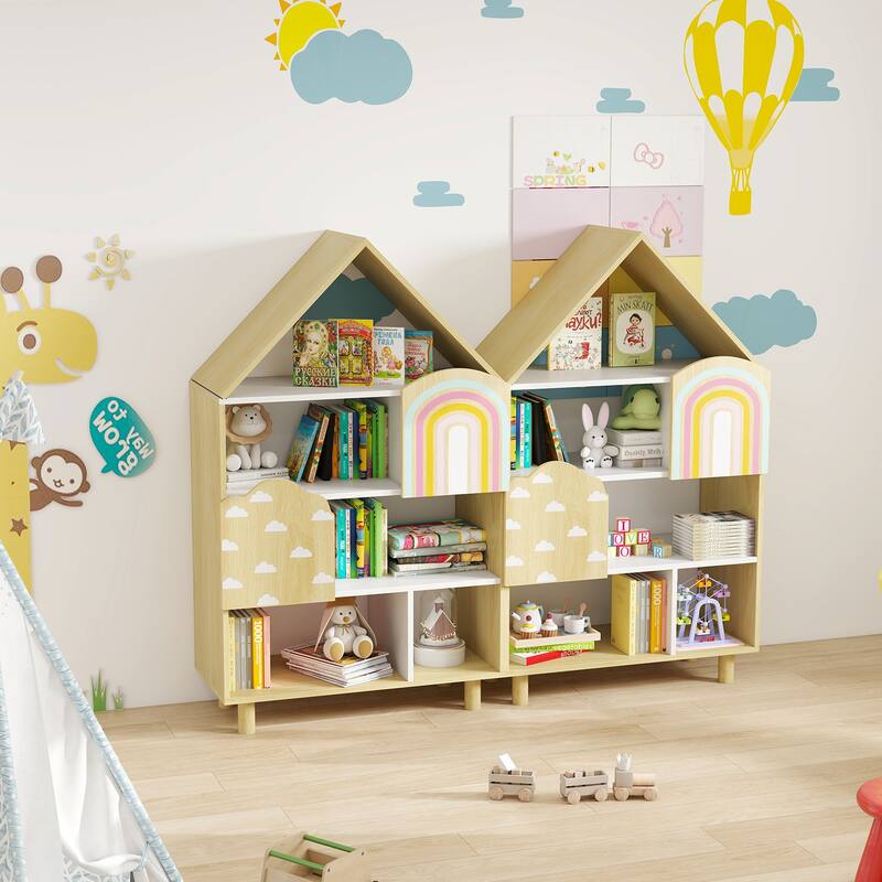 Gymax House-Shaped Kids Bookshelf 4-Tier Toy Storage Organizer w/ Open