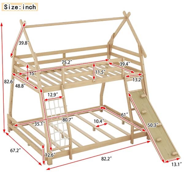 dimension image slide 1 of 2, Artsy Twin over Queen House Bunk Bed with Climbing Nets and Climbing Ramp, Maximized Space & Playful Design
