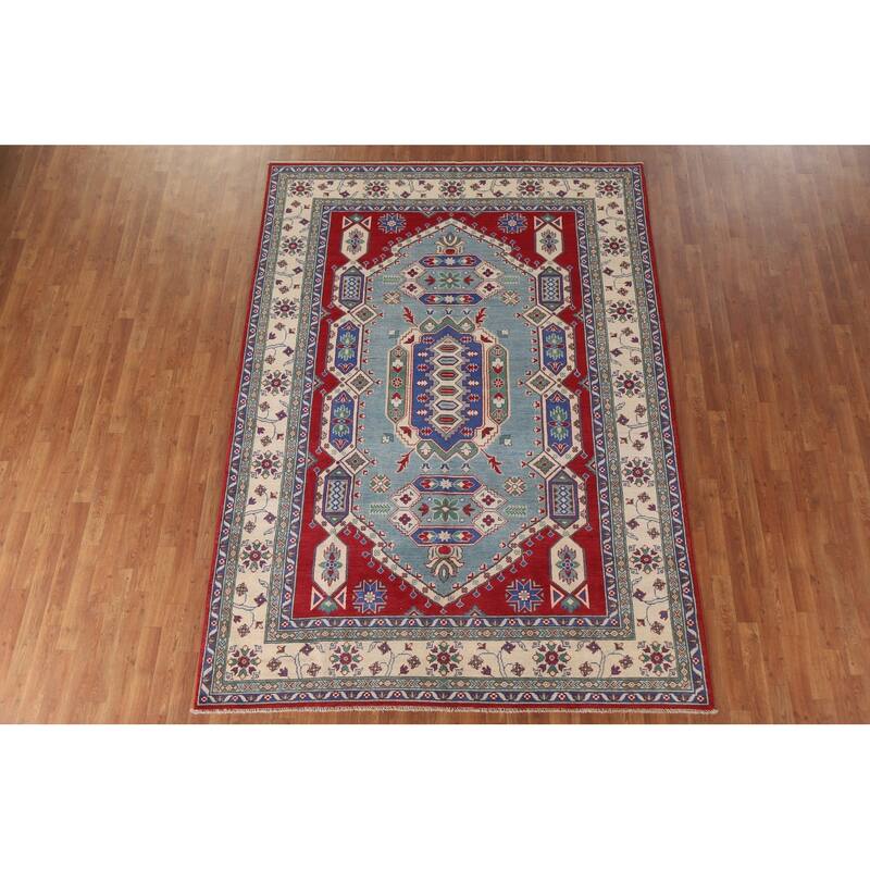 Hand Knotted Oriental 100% Wool Carpet Traditional Geometric Navy Blue & Blues Kazak Area Rug - 9' 7'' X 6' 10''