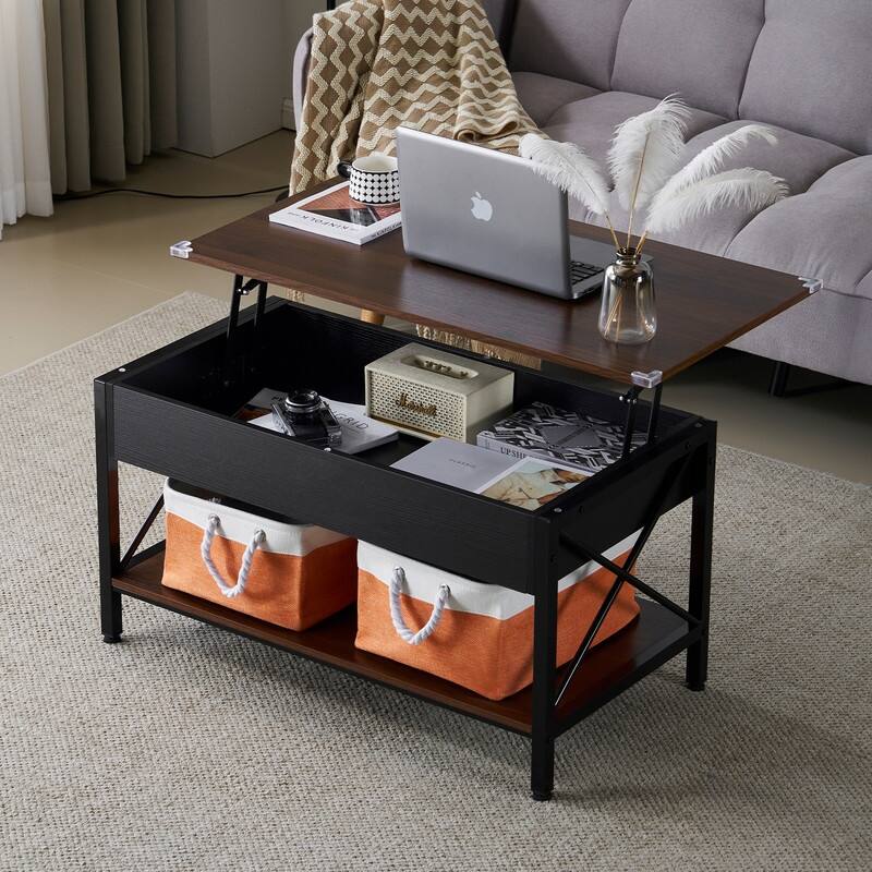 VINGLI Rectangular Nordic Walnut P2 Board with Side X-shaped Metal Frame, Adjustable Height, 2 Storage Bags, Coffee Table
