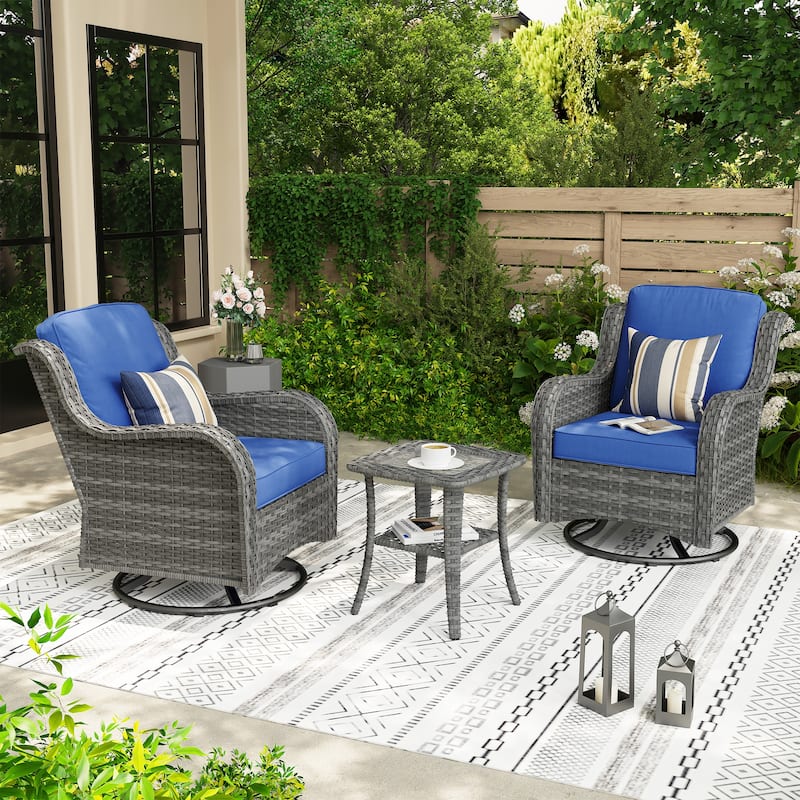 OVIOS 3-piece Patio Wicker Swivel Chair Set - Navy Blue-Grey Wicker