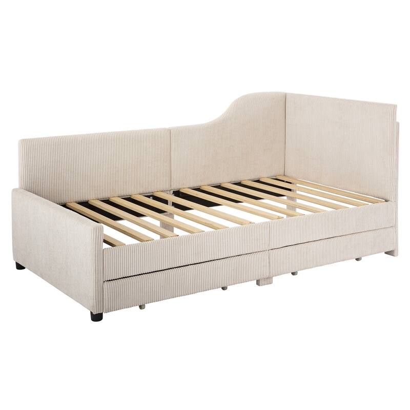 L-Shaped Corduroy Daybed,Upholstered Bed Frame with 2 Storage Drawers
