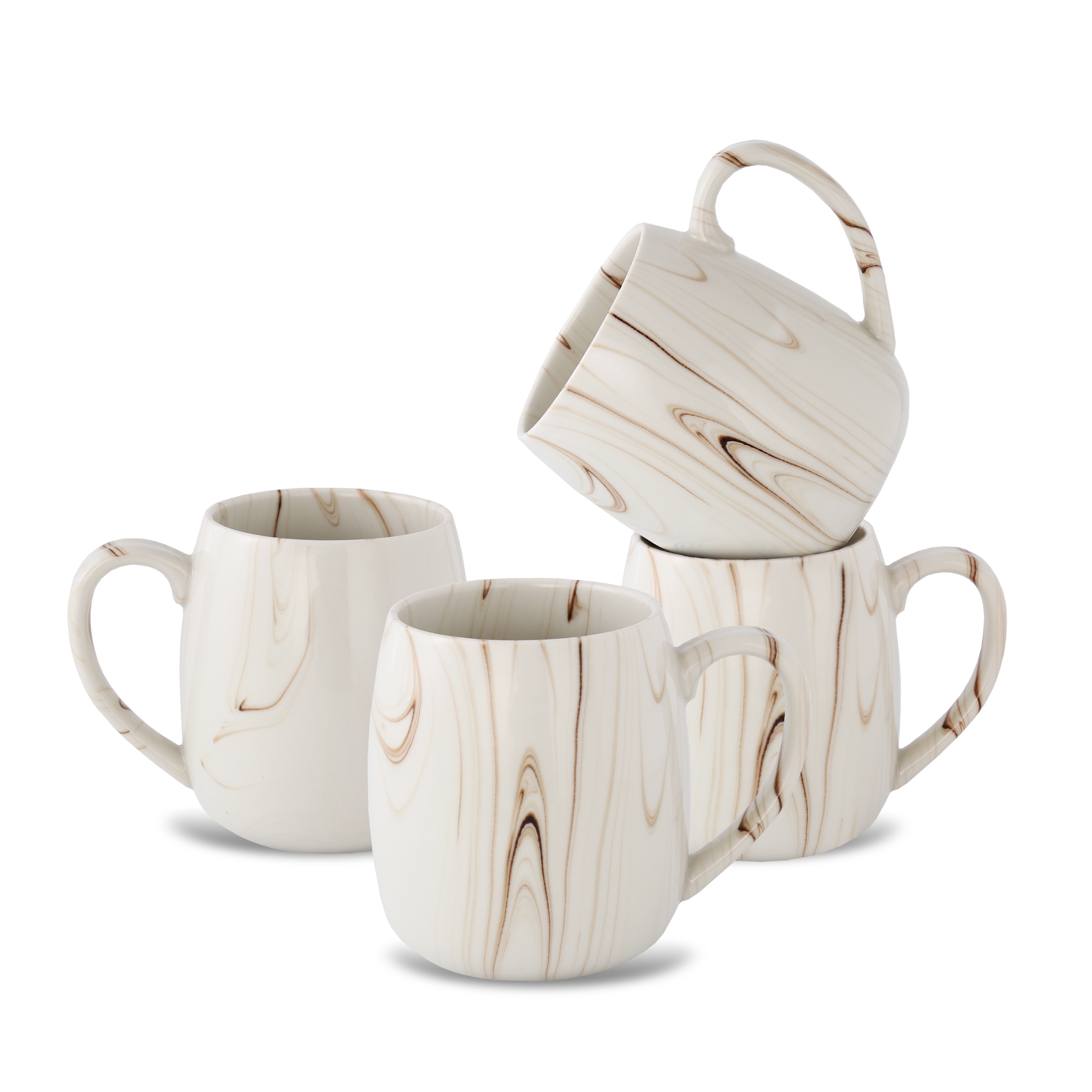 Lorren Home Trends Marble Pattern Stoneware Coffee Mugs, Brown and White Swirl Design, Set of 4