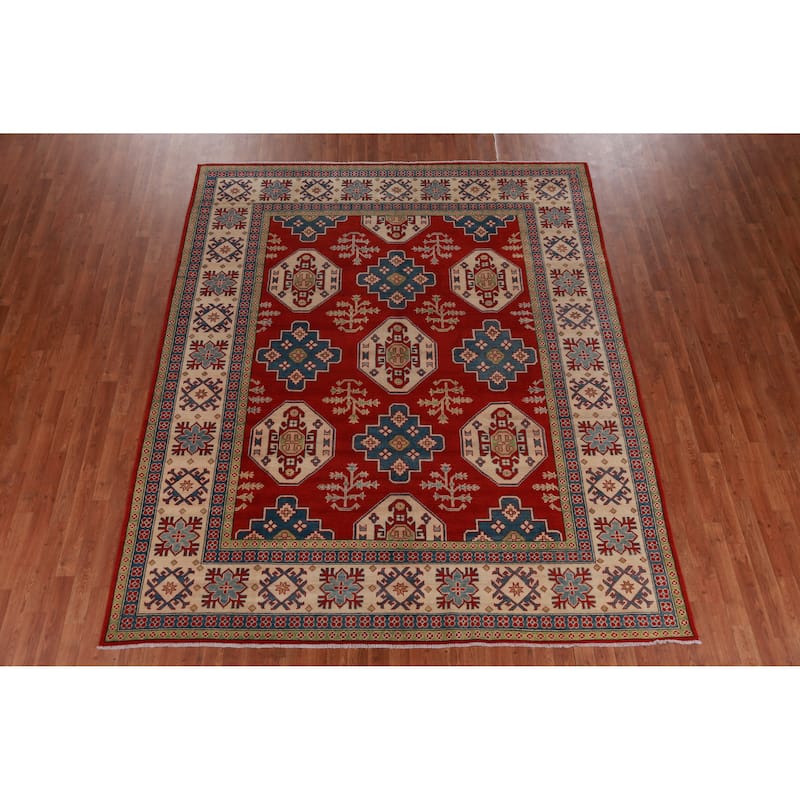 Hand Knotted Oriental 100% Wool Carpet Traditional Geometric Red Kazak Area Rug - 9' 6'' X 8' 0''