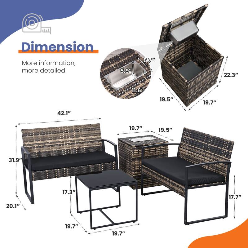 4 Piece Outdoor PE Wicker Furniture Set, Patio Rattan Sectional Sofa Couch with Washable Cushions