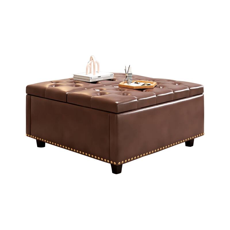 PU Leather Oversized Storage Square Chair with Storage, Large Square Ottoman with Storage, Double Door Storage Footstool