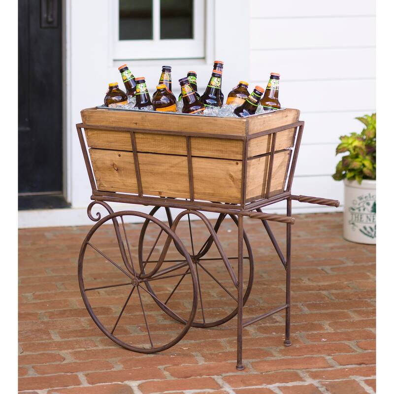 26 in. Wooden Wagon Planter/Drink Holder with Wheels