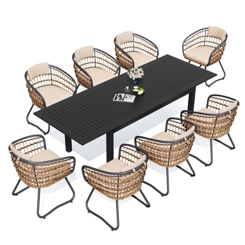 9PC Aluminum Extendable Patio Dining Sets Table Outdoor Rectangular with Rattan Chair