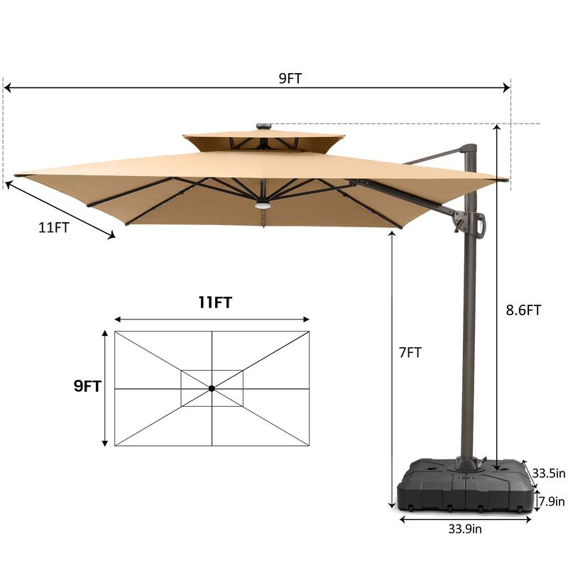 9 X 11 FT Outdoor Patio Cantilever Umbrella with Solar Lights All-Weather Wheeled Base Double Canopy 360 Rotation Tilt