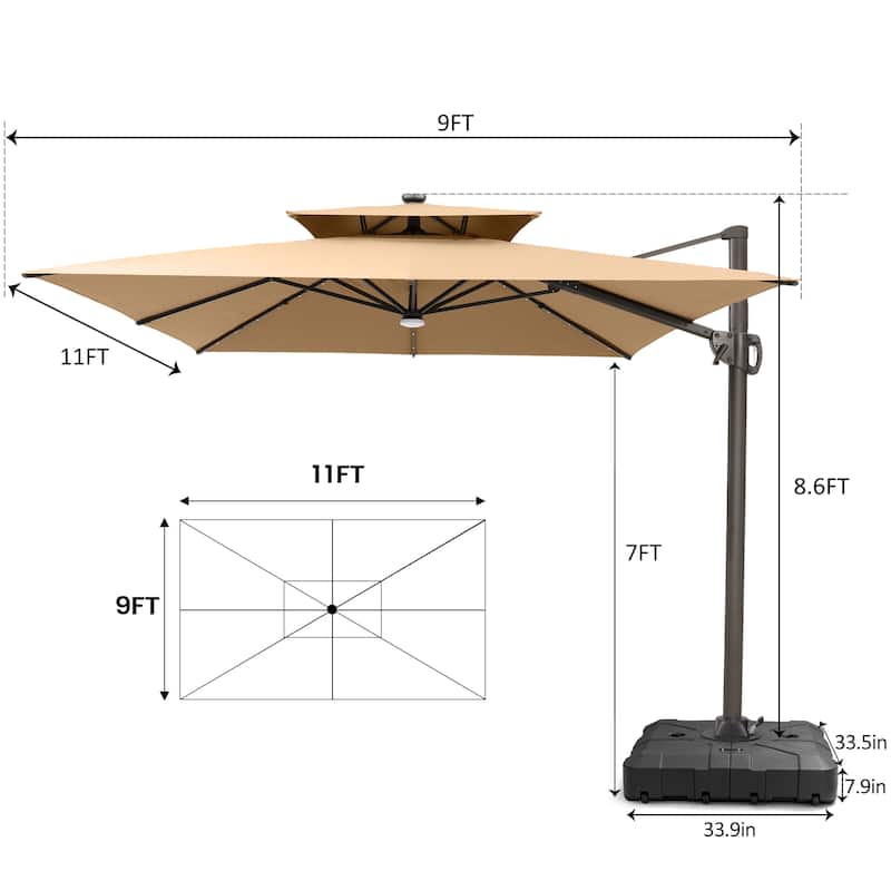 Pellebant 9x11FT Outdoor Dual Top Cantilever Patio Umbrella LED Light with HDPE Base