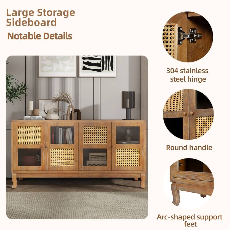 4-Door Sideboard with Large Storage Space Artificial Rattan Doors and Transparent Glass, for Dining Room Living Room