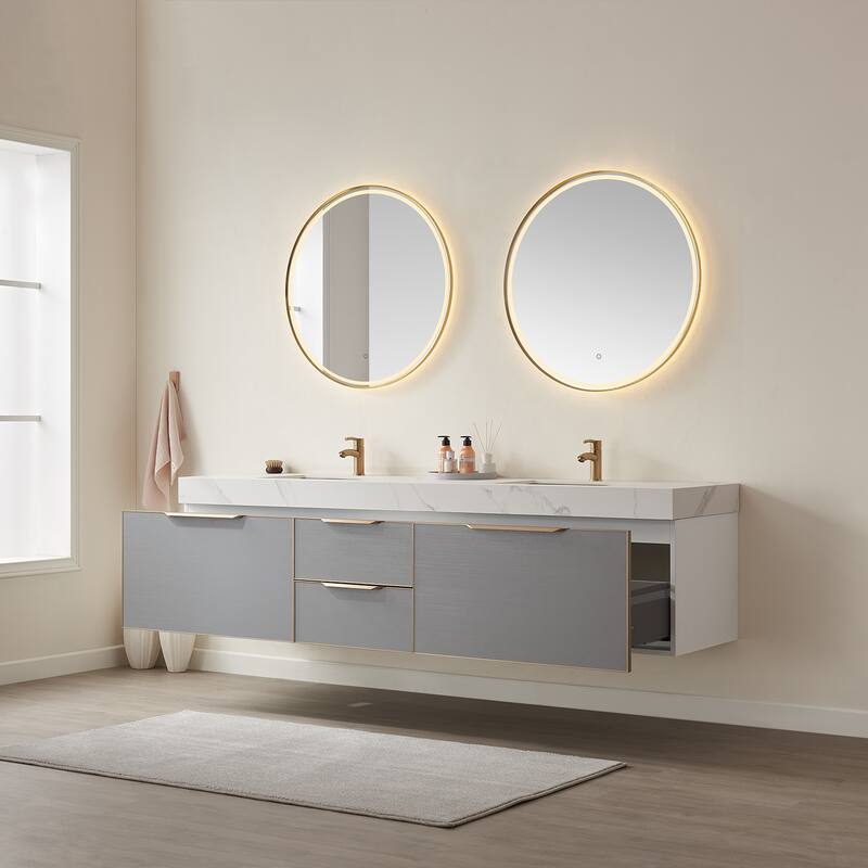 Alicante 84" Double Vanity in Grey with Sintered Stone Top, Mirror