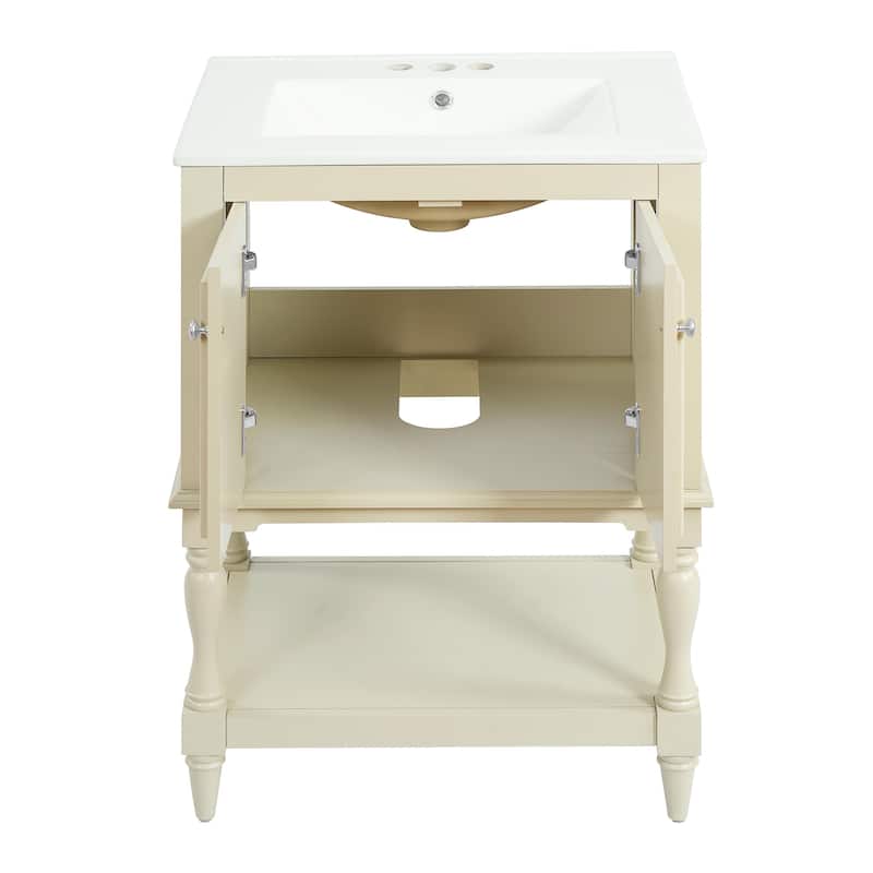 24" Modern Luxury Bathroom Vanity with Ceramic Sink, Freestanding Cabinet with Open Shelf and Enclosed Storage