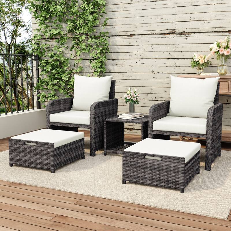 Patio 5 Pieces Rattan Cushioned Conversation Set With Ottoman Coffee Table - Grey/Beige