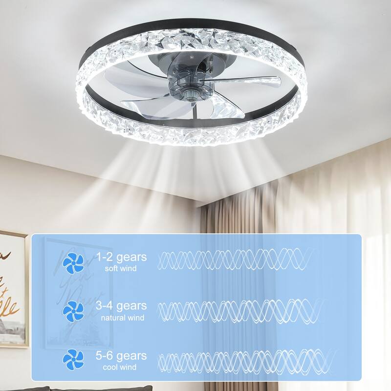 19.7" Low Profile Crystal Ceiling Fan with Light, Remote, 6 Speeds & Timer Setting, Crystal Chandelier Ceiing Light with Fan