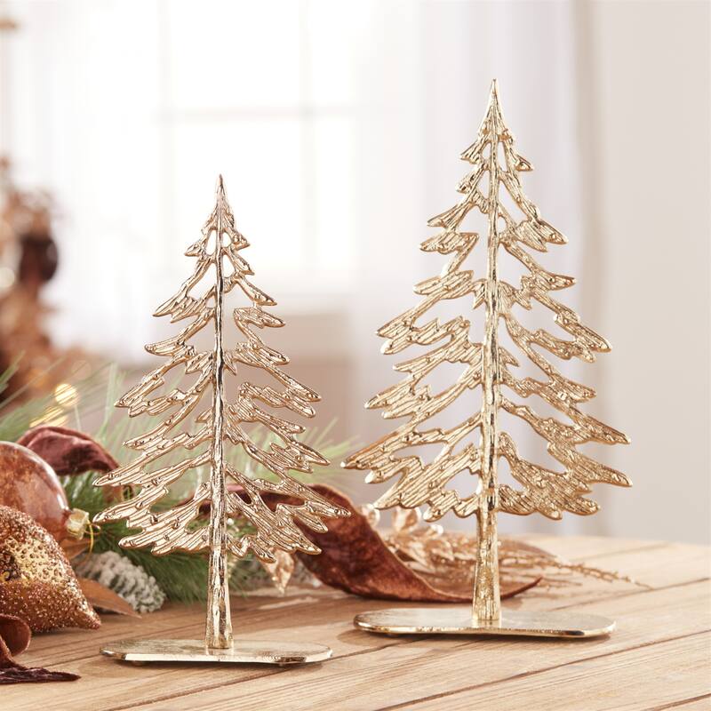 Pine Tree Christmas Decorations - 12.5" - Gold - Set of 2