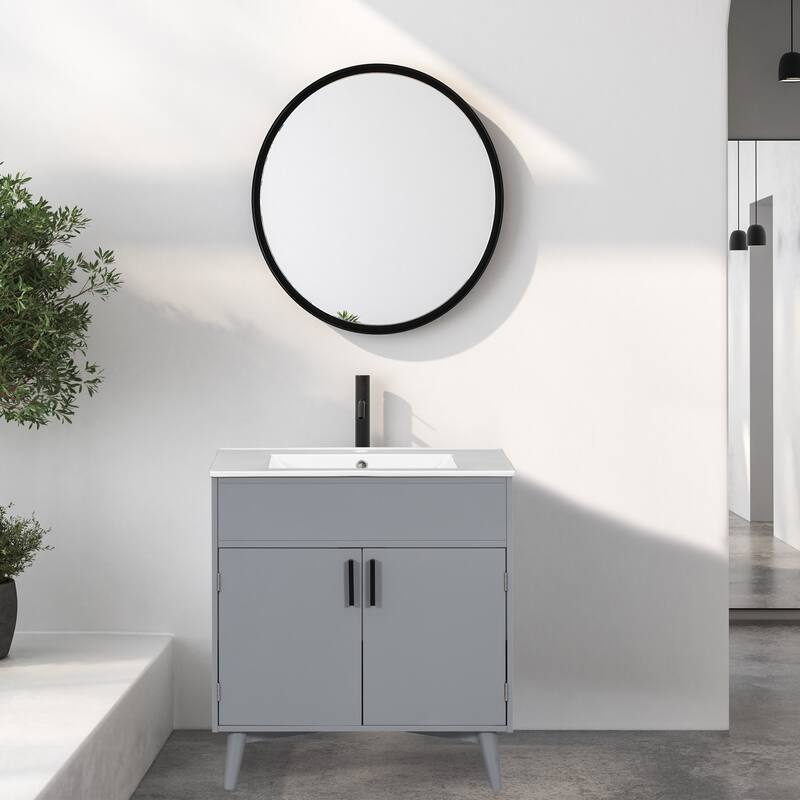 30" Wall-Mounted Bathroom Vanity with Double Door Storage, Solid Wood Frame, Space-Saving Design, Anti-Scratch Floor Mat