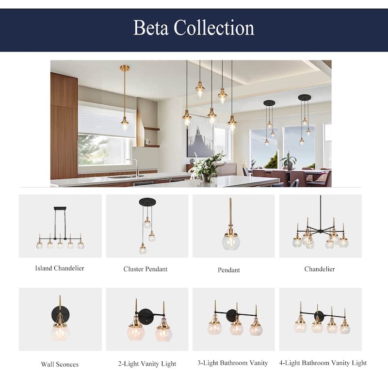 Beta Modern 5-Light Linear Glass Chandelier Black Gold Pendant for Dining Room Island - L 31.5" x W 4.9" x H 8"