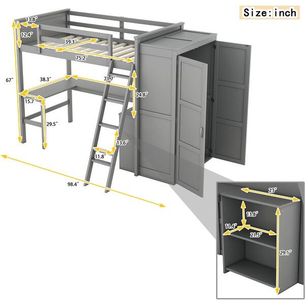Gray Solid Pine Wood Loft Bed with Desk, Shelves, Wardrobe, and Guardrails