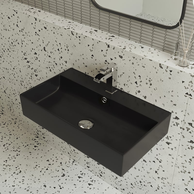 Reims 22" Rectangle Wall-Mount Bathroom Sink In Matte Black - 22.05" x 12.4" 5.3"