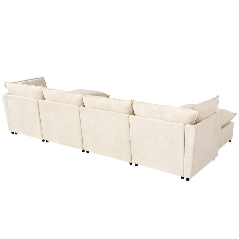 U-Shape Sectional Sofa Upholstered Couch with Removable Cushions and Solid Wood Frame, Modular Sofa 2 with Movable Ottoman