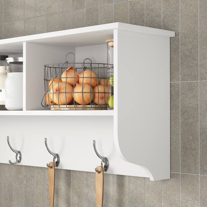 Anmytek White Wall Mounted Coat Rack 4 Dual Hooks Wooden Storage Shelf Entryway Living Room
