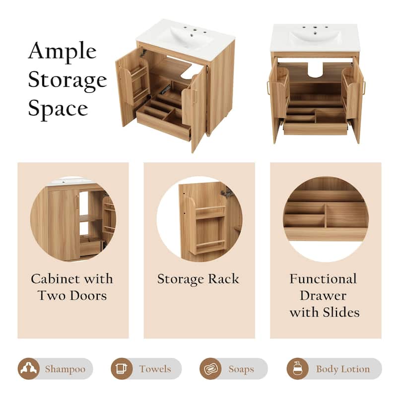 30 in. W x 18 in. D x 34 in. H Single Sink Freestanding Bath Vanity in Natural with White Ceramic Top - 30" x 18" x 34"