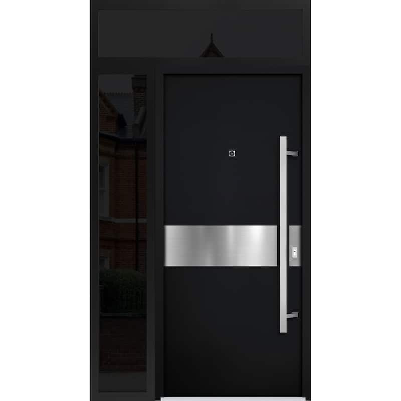 Front Prehung Steel Door 6072 Black Enamel Side and Top Window Sidelite W36+14xH80+16 Lh I Bedroom Door Bathroom Door - Black - 48" x 96"