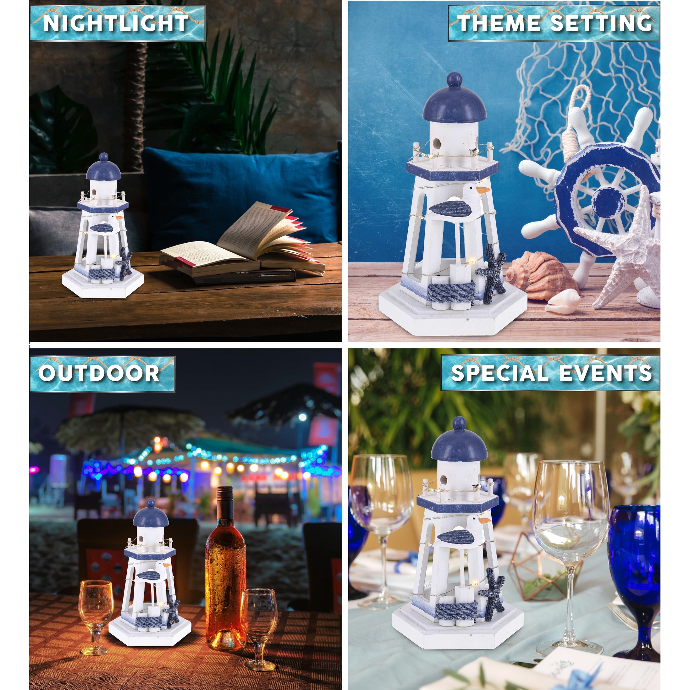 Co Ta Global Ocean Blue Nautical Wooden Lantern Lighthouse with LED Lights Table Top Centerpiece Coastal Decor for Hom, image size:2195x2195