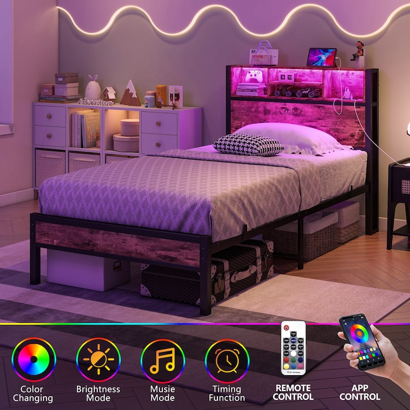 Twin Size Metal Bed Frame with Storage Headboard, Charging Station, and RGB LED Lights
