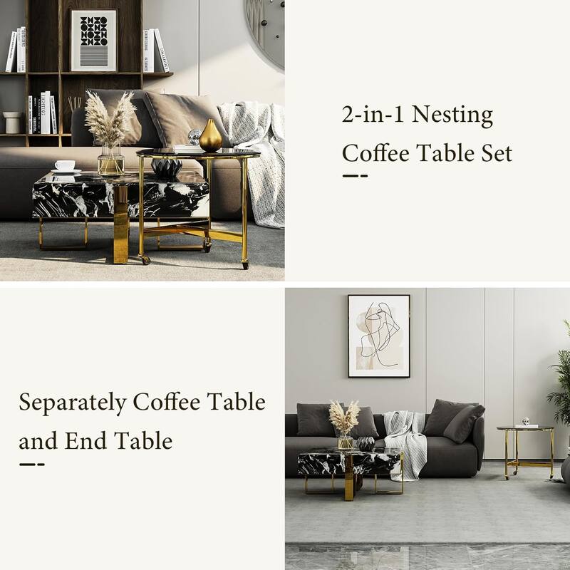 Modern Luxury Square Faux Marble Coffee Table Set Nesting Coffee Table with End Table
