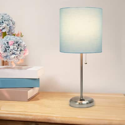 Brushed Steel Bedside Table Desk Lamp with Drum Shade - 19.5" - Silver and Aqua Blue