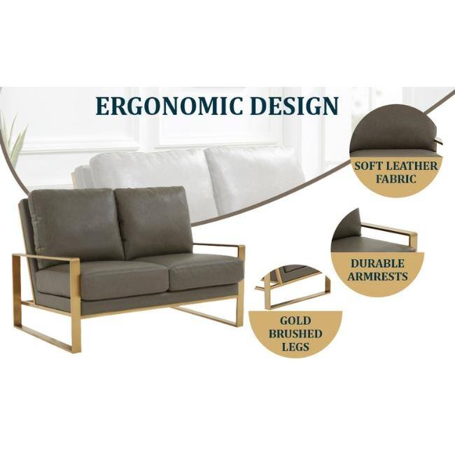 Jefferson Modern Leather Loveseat with Gold Metal Base, Cushion Seating, Pocket Springs, and Protective Floor Pads - 53.1