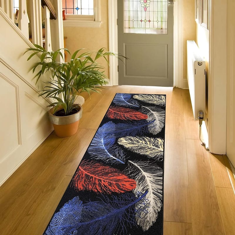 Custom Size Feather Design 26 Inch Wide Non-Slip Stair Runner Rug - 6 Feet - Multicolor