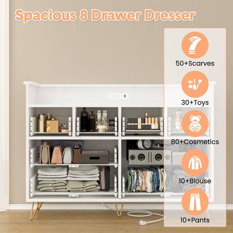 8 Drawer Wood Dresser, with Power Outlet and LED Lights