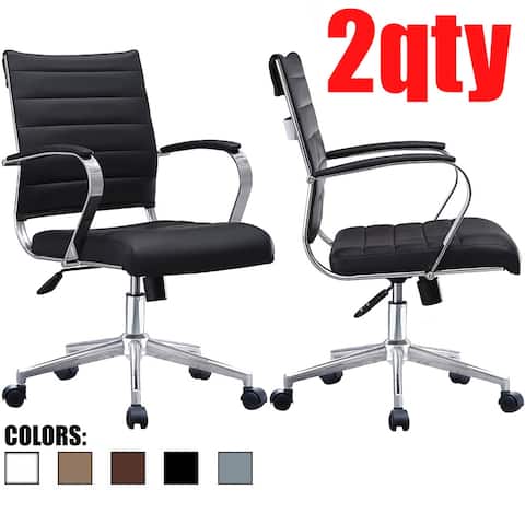 Set of 2 Modern Mid Back Ribbed PU Leather Swivel Tilt Adjustable Seat Task Conference Room Office Chair With Arms