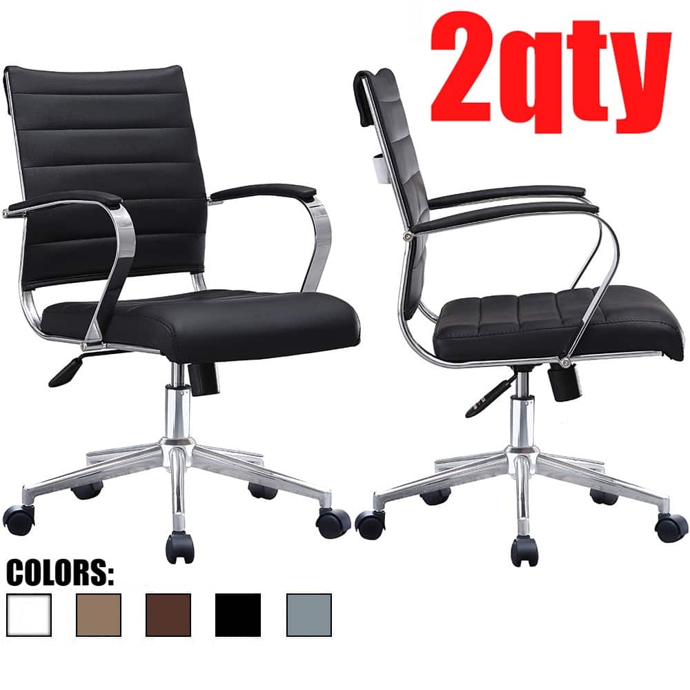 Modern Set of 2 Mid Back Ribbed PU Leather Office Chairs, Swivel, Tilt, Adjustable Seat with Arms