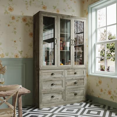 Farmhouse Kitchen Pantry Cabinet 6-Tier Bookshelf with Adjustable Shelves & Glass Doors