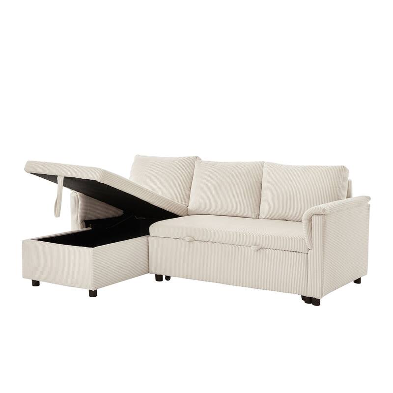Convertible Corduroy Modular Loveseat Pull-Out Sleeper with Storage Chaise and Reclining Backrest for Living Room