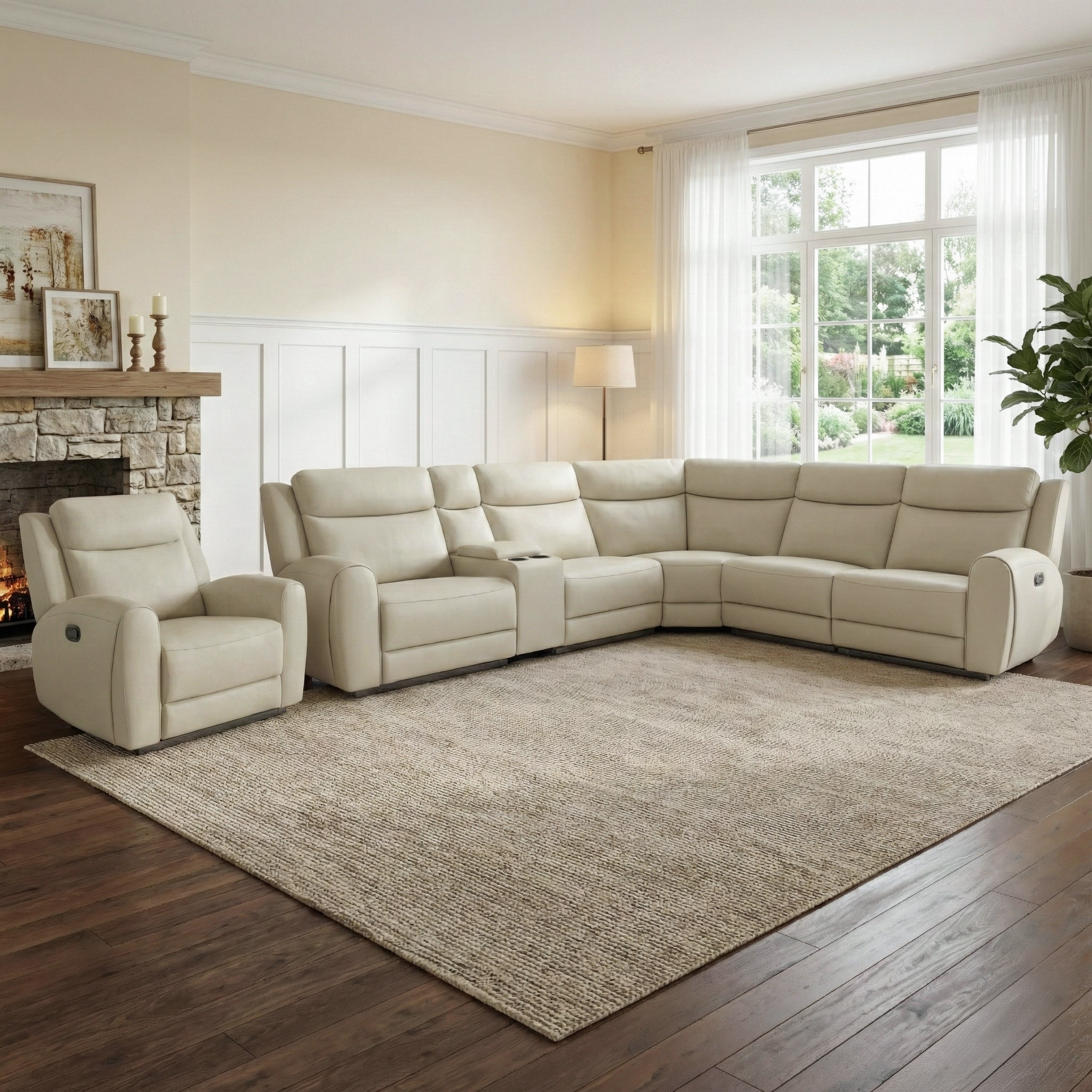 Furniture of America Kingsley Modern 2-Piece Top Grain Leather Sectional Sofa and Recliner Set